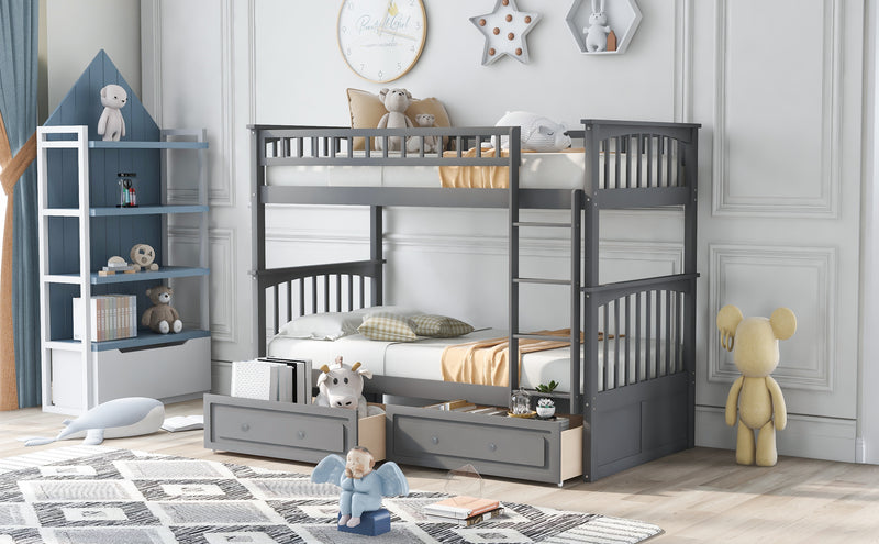 Twin over Twin Bunk Bed with Drawers, Convertible Beds, Gray(Old SKU: SM000240AAE-1)