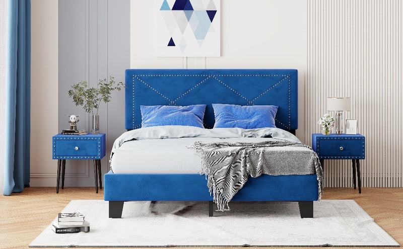 Simple Queen Size Upholstered Bed Frame with Rivet Design, Modern Velvet Platform Bed with headboard, Blue