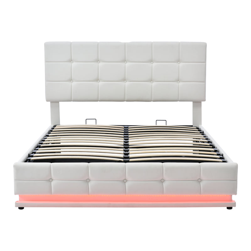 Tufted Upholstered Platform Bed with Hydraulic Storage System,Queen Size PU Storage Bed with LED Lights and USB charger, White