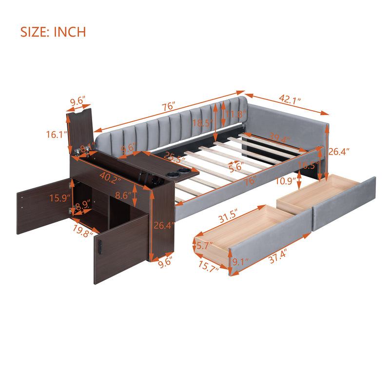 Twin Size Upholstered Daybed with Storage Armrest and 2 Drawers, Multi-functional Daybed with Cup Holder and a set of USB Ports and Sockets, Gray