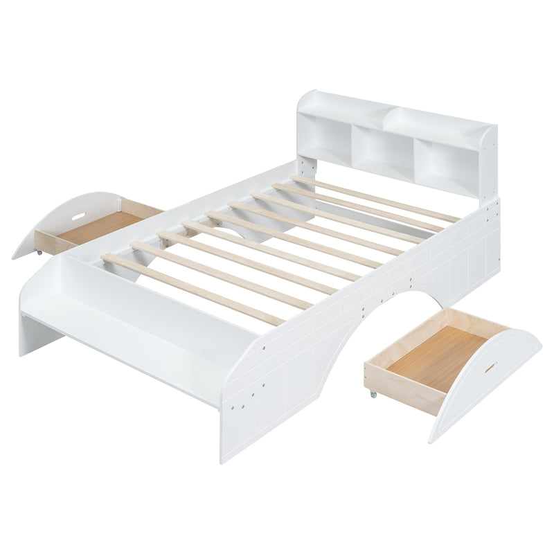 Wood Full Size Platform Bed with 2 Drawers, Storage  Headboard and Footboard, White