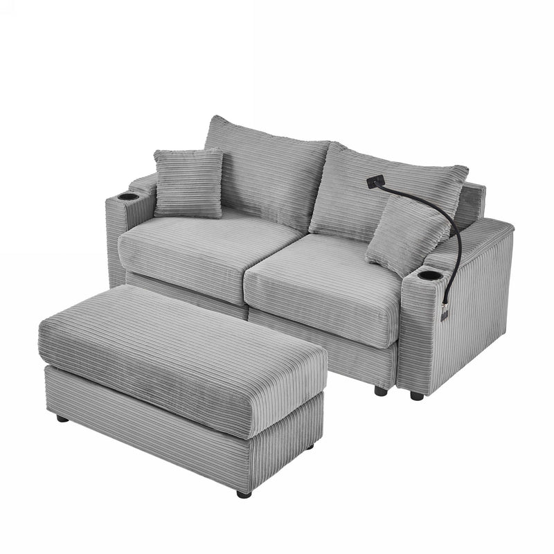 Modern Style Loveseat Sofa Sectional Sofa Couch With Storage Space, A Movable Ottoman, Two USB Ports, Two Cup Holders, A Phone Holder For Living Room