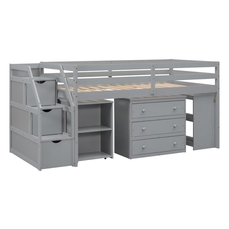 Twin Size Loft Bed with Retractable Writing Desk and 3 Drawers, Wooden Loft Bed with Storage Stairs and Shelves, Gray