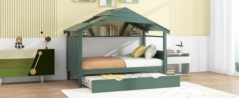 Wood Twin Size House Bed with Trundle and Storage, Green