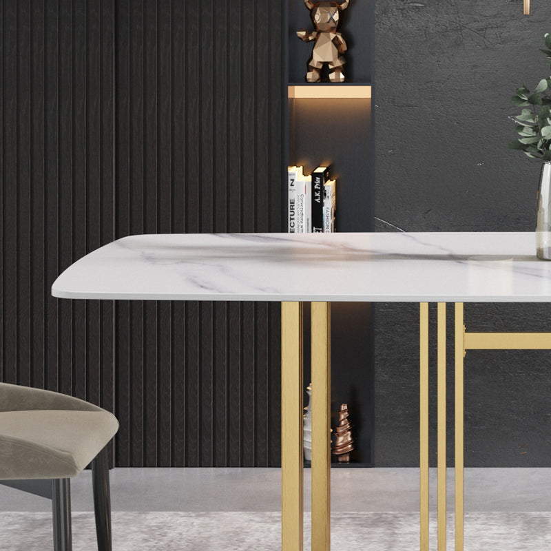 63" Modern Artificial Stone White Curved Metal Leg Dining Table - White / Gold