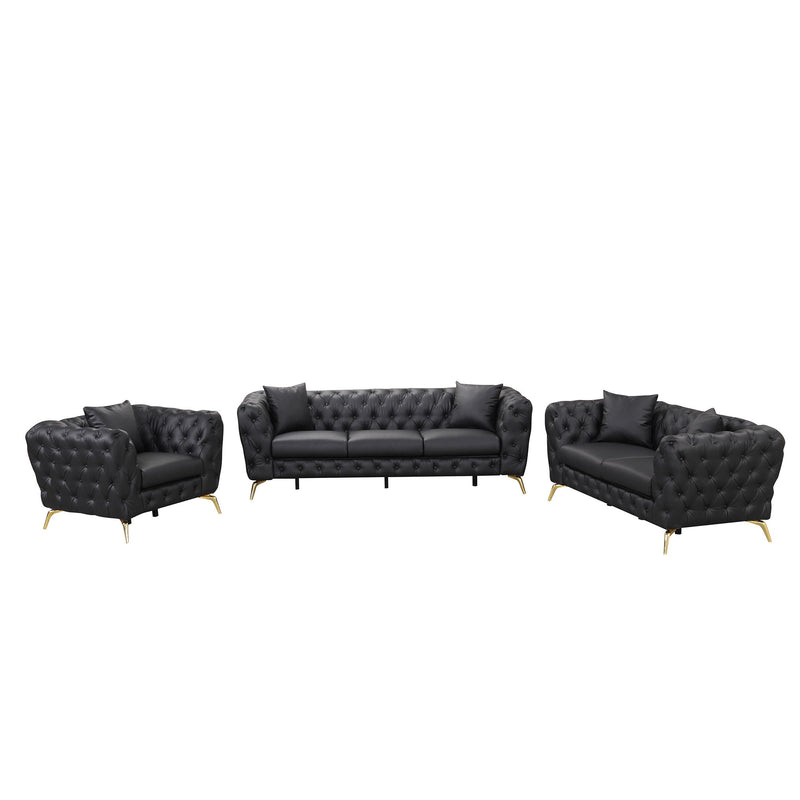 Modern 3 Piece Sofa Sets With Sturdy Metal Legs, Button Tufted Back, PU Upholstered Couches Sets Including Three Seat Sofa, Loveseat And Single Chair For Living Room Furniture Set - Black