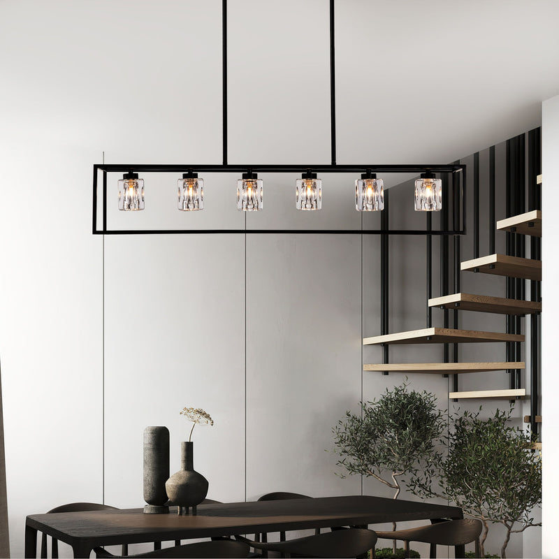 6 Light Farmhouse Chandelier, Modern Industrial Linear Rectangular Crystal Pendant Light Cage Chandelier For Dining Room, Kitchen Island, Bar, Long Table, G9*6 Bulbs Included - Matte Black