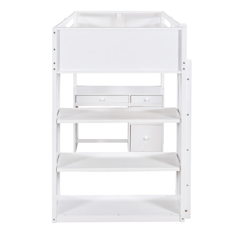 Twin Size Loft Bed with Ladder, Shelves, and Desk, White