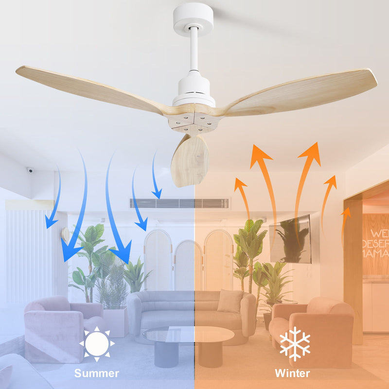 Wooden Ceiling Fan White 3 Solid Wood Blades Remote Control Reversible Dc Motor Without Light - Light Brown / White