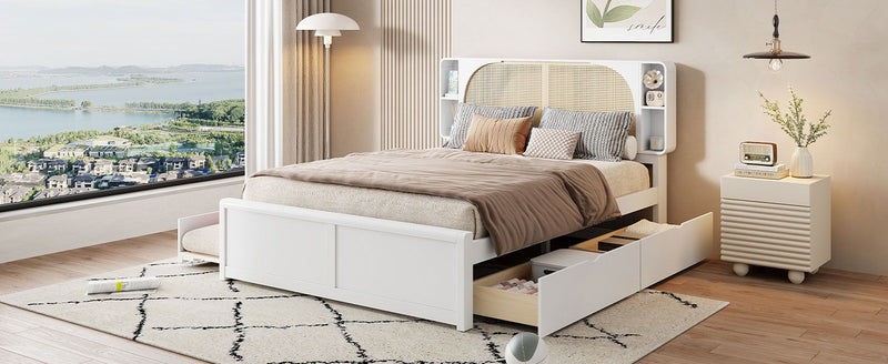 Queen Size Rattan Headboard Bed With Two Drawers And Trundle - White