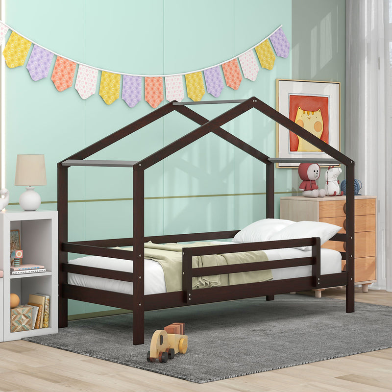 Twin Over Twin Bunk Bed with Roof, Slide and Ladder, Espresso