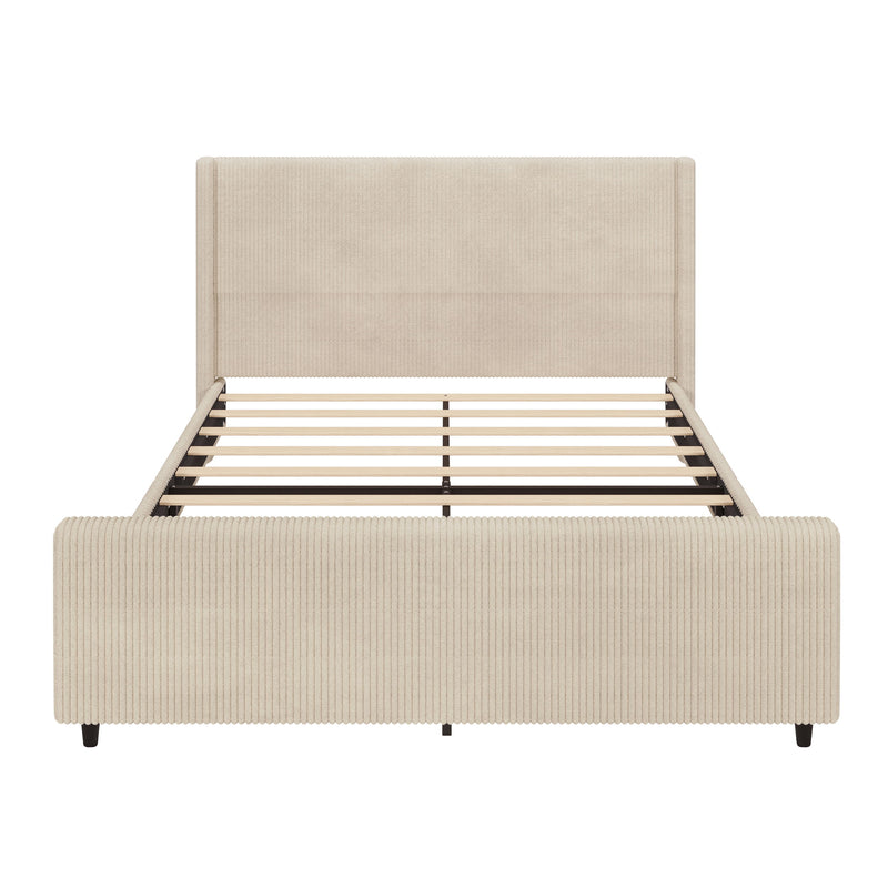 Corduroy Upholstered Bed Frame With Vertical Stripe Wingback And High Footboard No Box Spring Needed