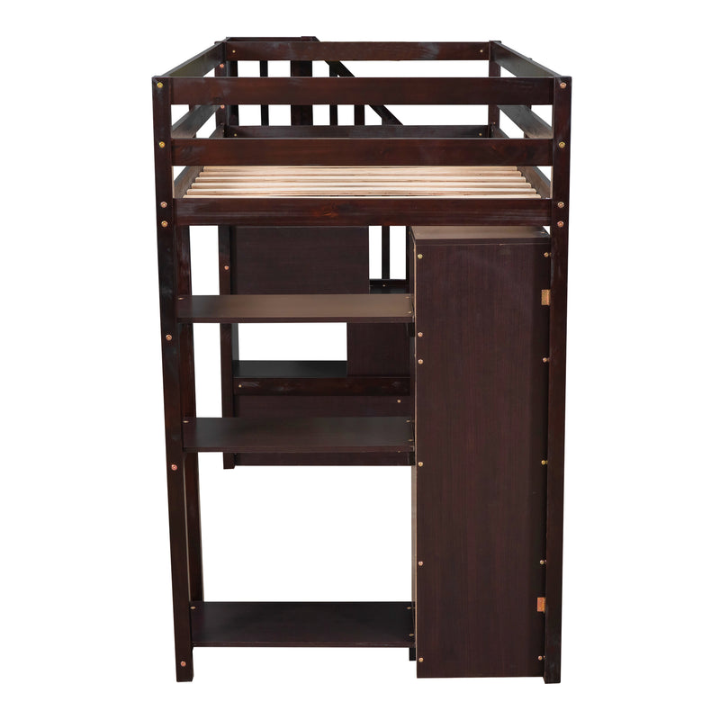 Twin size Loft Bed with Storage Drawers and Stairs, Wooden Loft Bed with Shelves - Espresso