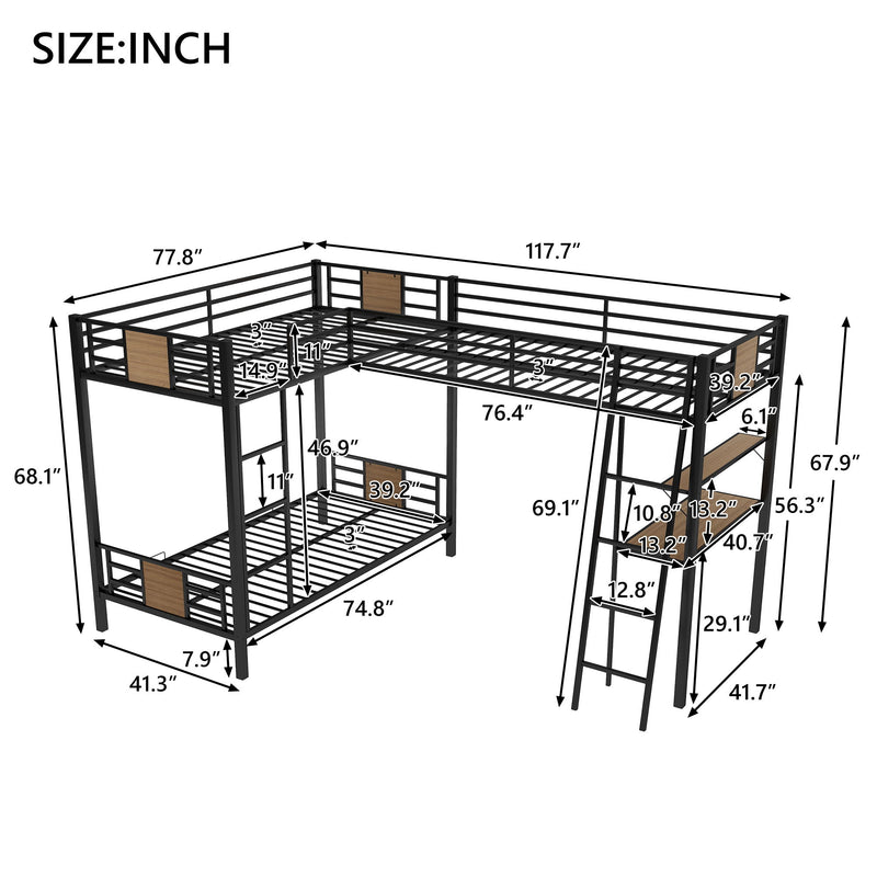 L Shaped Twin Over Twin Bunk Bed With Twin Size Loft Bed With Desk And Shelf - Brown