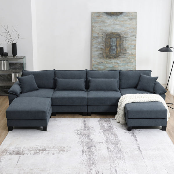 Corduroy Modular Sectional Sofa, U Shaped Couch With Armrest Bags, 6 Seat Freely Combinable Sofa Bed, Comfortable And Spacious Indoor Furniture For Living Room - Gray