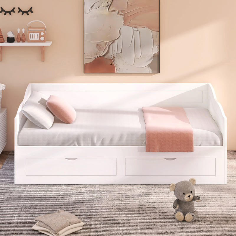 Wooden Daybed with Trundle Bed and Two Storage Drawers , Extendable Bed Daybed,Sofa Bed with Two Drawers, White