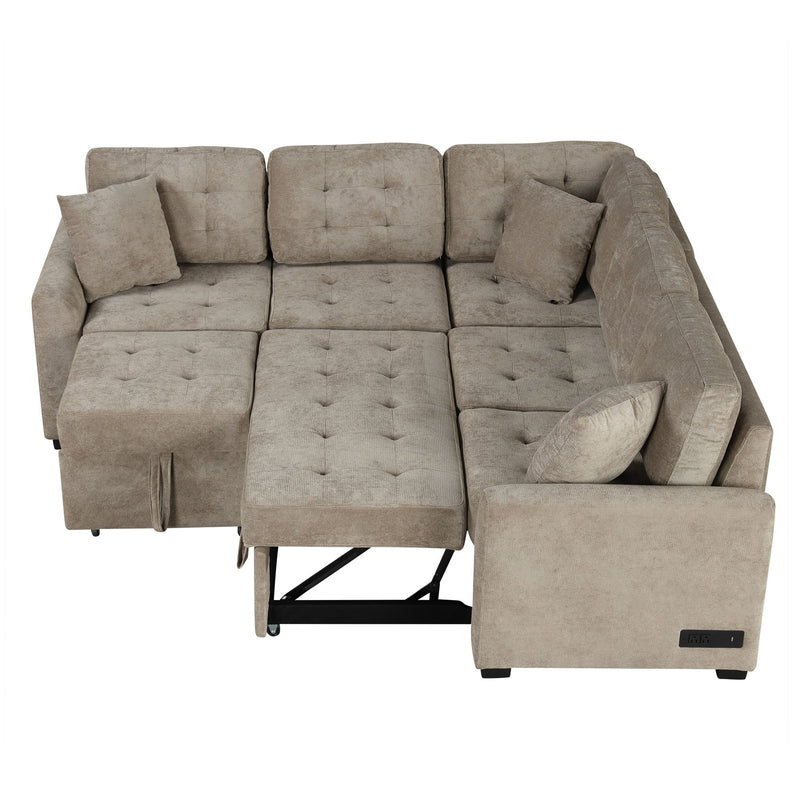 L-Shape Sofa Bed Pull-Out Sleeper Sofa With Wheels, USB Ports, Power Sockets For Living Room