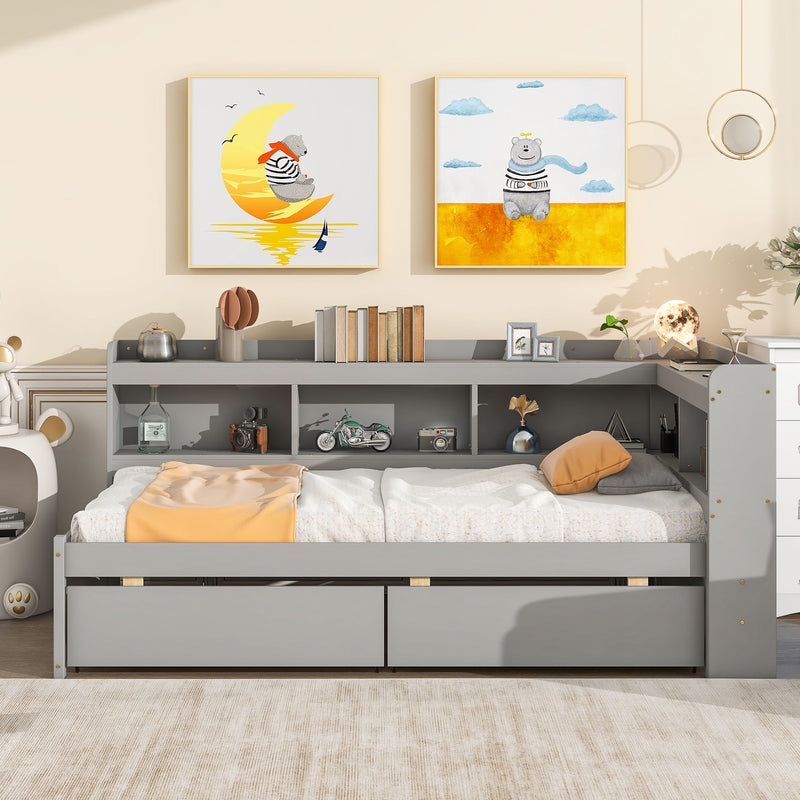 Twin Bed With L-Shaped Bookcases, Drawers - Gray