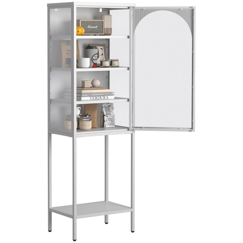 Metal Glass Door Display Storage Cabinet - 5 Tier Cube Bookshelf Storage Cabinet With 3 Adjustable Shelves For Kitchen, Dining Room, Living Room, Bathroom, Home Office - Antique White