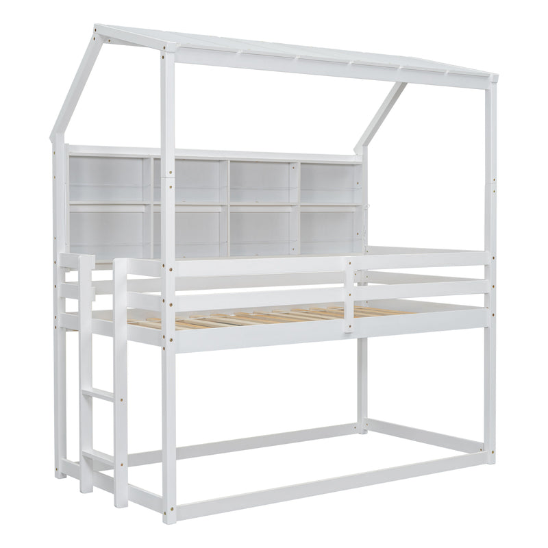 Twin House Loft Bed With Guardrails, Semi-Enclosed Roof, Bedside Shelves And Ladder - White