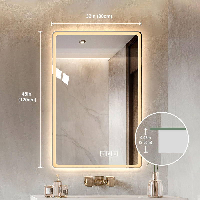 Bathroom Mirror With LED Lights, Anti-Fog Lighted Vanity Mirrors For Wall Mounted And 5 Level Dimmable, Horizontal / Vertical - Clear