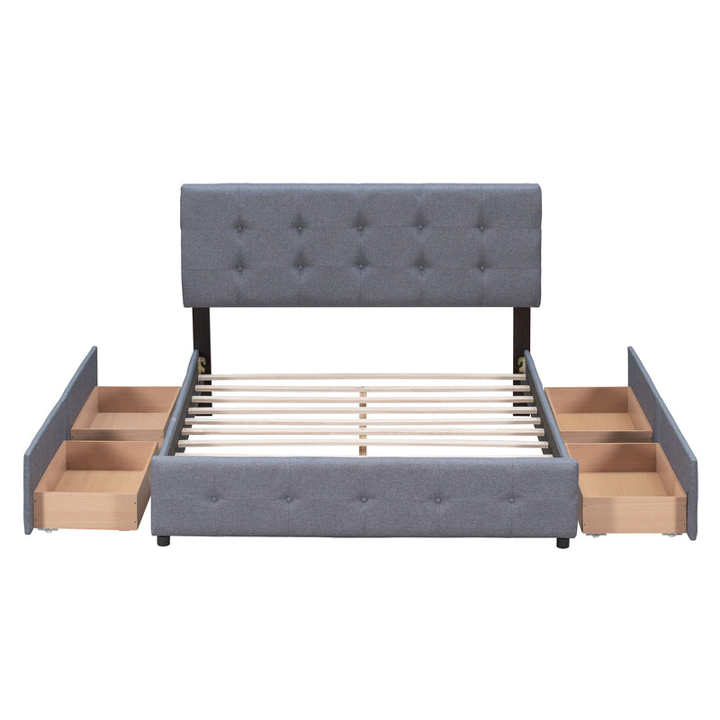 Queen Size Upholstered Platform Bed With Classic Headboard And 4 Drawers, No Box Spring Needed - Dark Gray