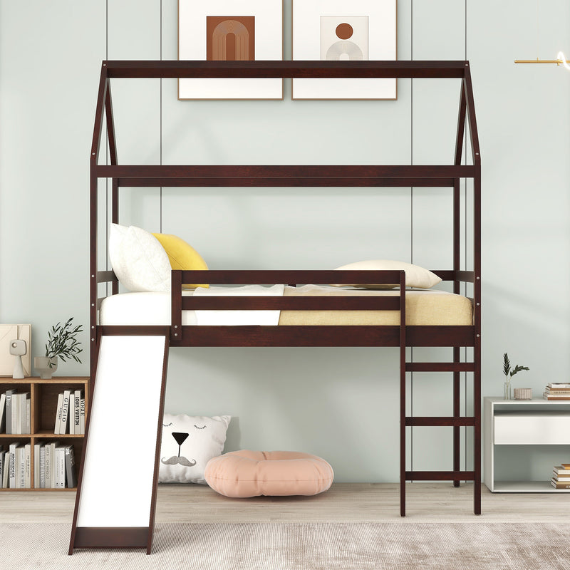 Twin Loft Bed with Slide, House Bed with Slide,Gray(OLD SKU :WF286245AAP)