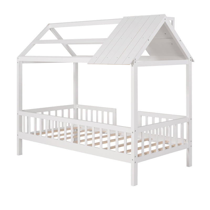 Twin Size Wood House Bed with Fence, White