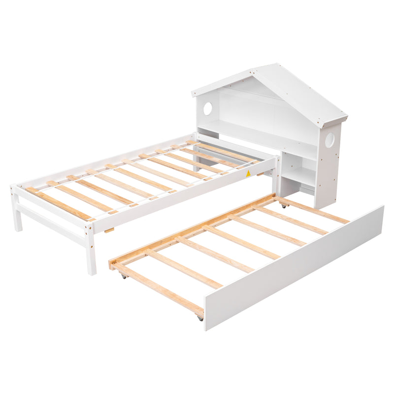 Twin Storage House Bed for kids with Bedside Table, Trundle, White