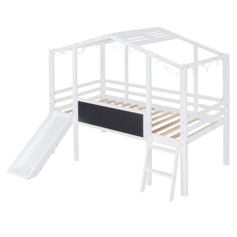 Twin Size Loft Bed with Ladder and Slide, House Bed with Blackboard and Light Strip on the Roof, White