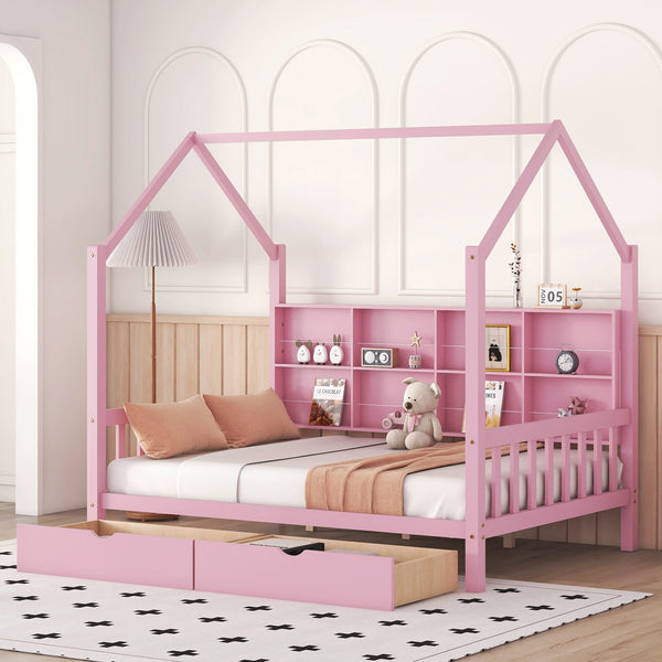 Wooden Full Size House Bed with 2 Drawers,Kids Bed with Storage Shelf, Pink