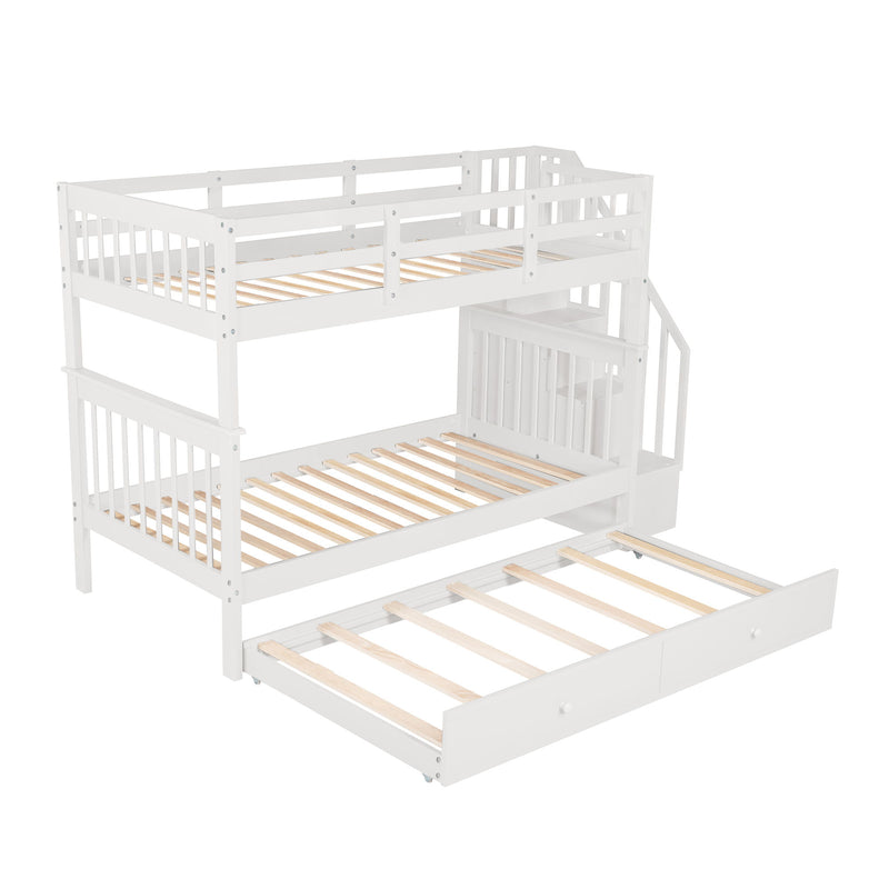 Stairway Twin Over Twin Bunk Bed With Twin Size Trundle For Bedroom, Dorm, Adults - White