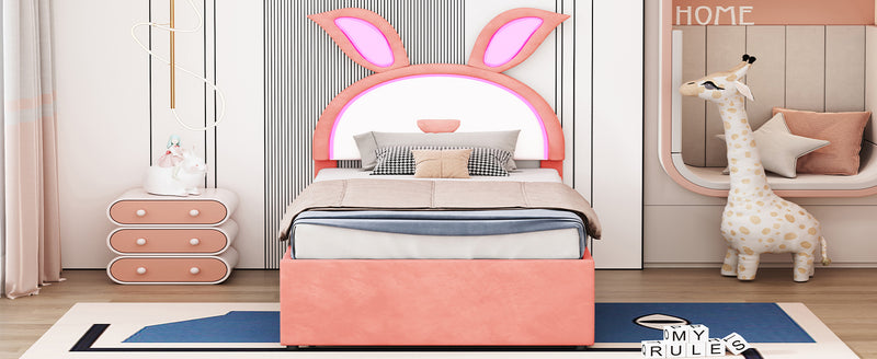 Twin Size Upholstered Platform Bed with Trundle and 3 Drawers, Rabbit-Shaped Headboard with Embedded LED Lights, Pink