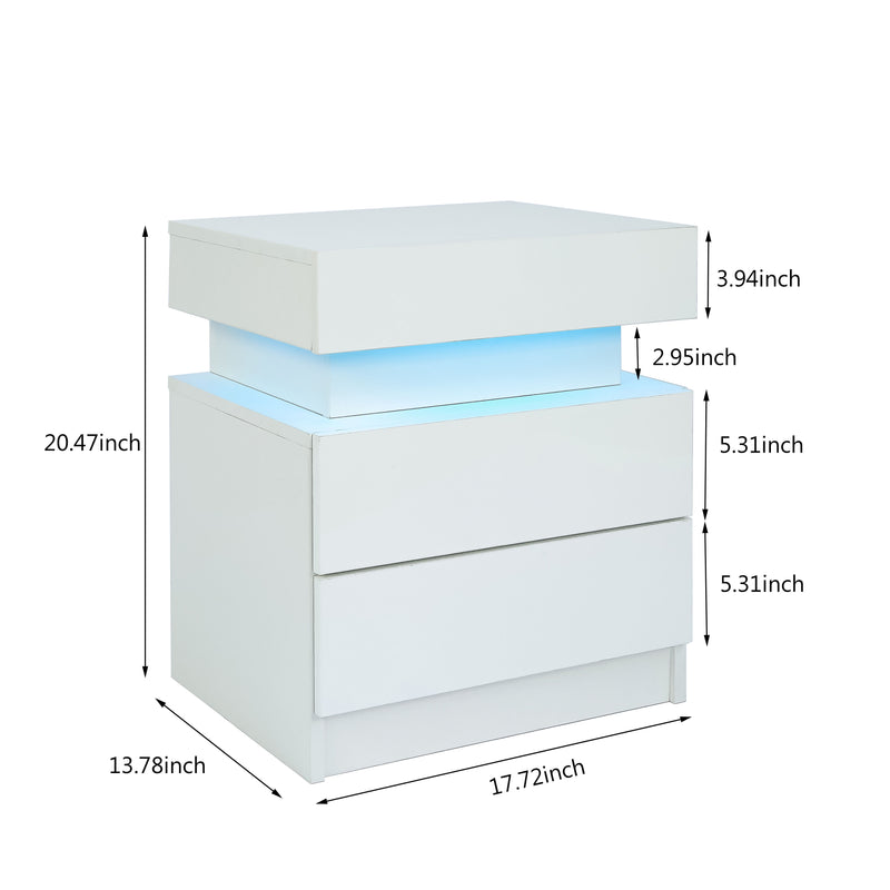 Nightstand With LED Lights Wood LED Bedside Table Nightstand With 2 High Gloss Drawers For Bedroom