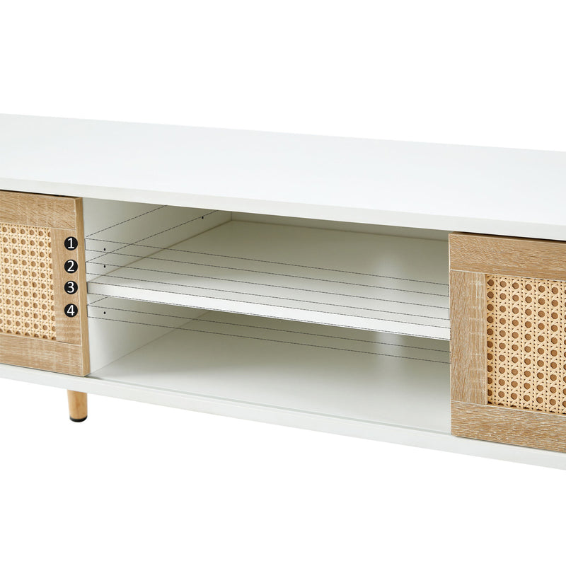 55.12" Rattan TV Cabinet, Double Sliding Doors For Storage, Adjustable Shelf, Solid Wood Legs, TV Console For Living Room