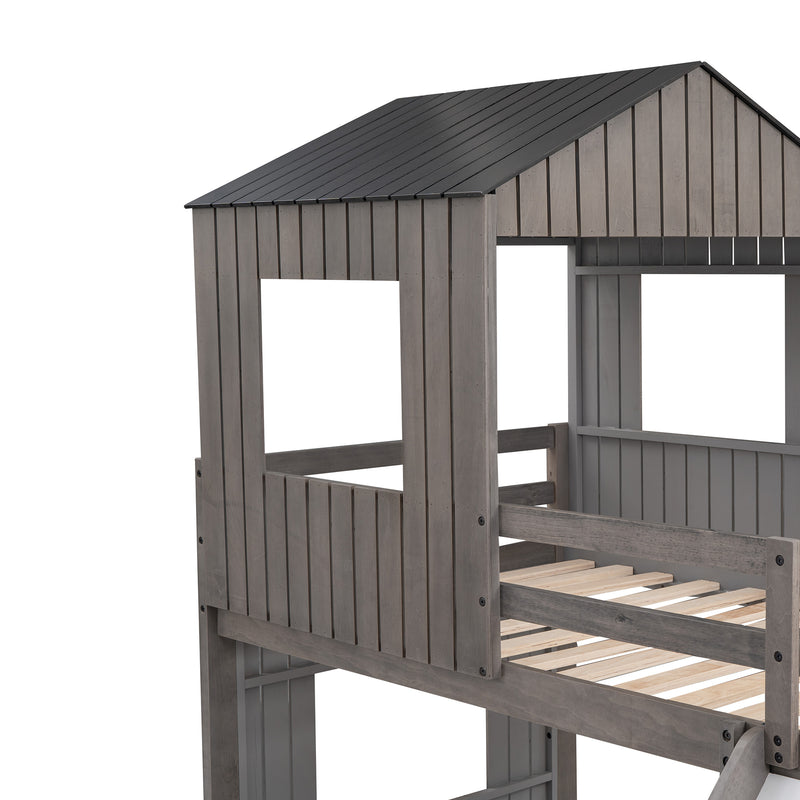 Wooden Twin Over Full Bunk Bed, Loft Bed with Playhouse, Farmhouse, Ladder, Slide and Guardrails, Antique Gray(OLD SKU :LT000028AAE)