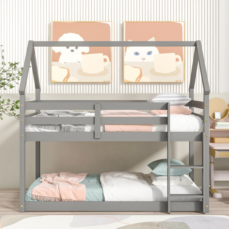 Twin over Twin Loft Bed with Roof Design, Safety Guardrail, Ladder, Grey