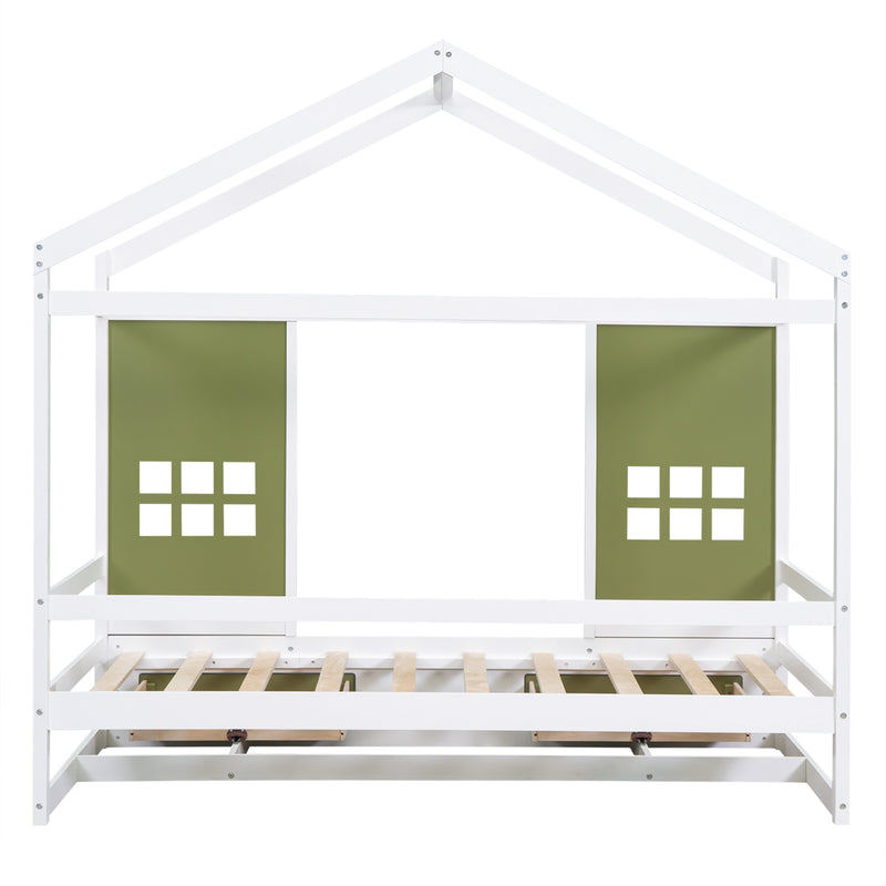 Twin Size Wood House Bed with 2 Drawers and Window Decoration, White+Olive Green