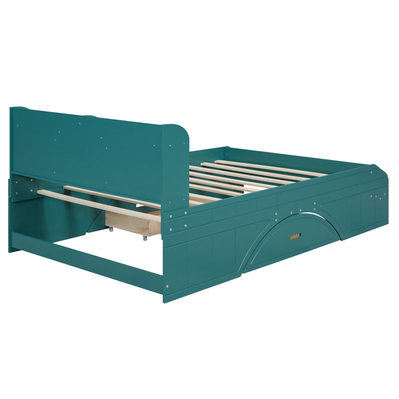 Wood Full Size Platform Bed with 2 Drawers, Storage  Headboard and Footboard, Dark Green