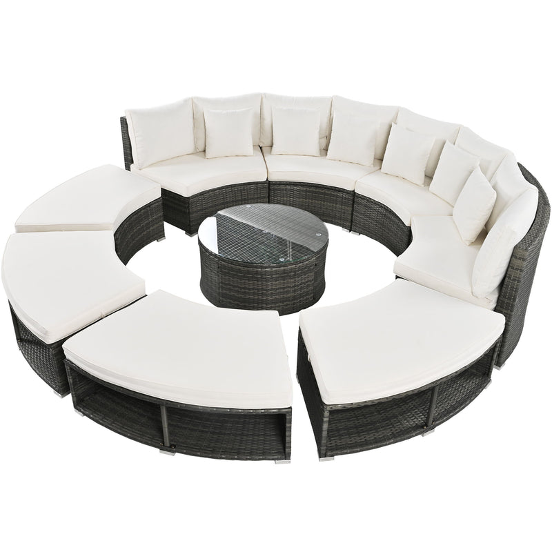 Outdoor Patio Furniture Luxury Circular Sofa Set Rattan Wicker Sectional Sofa Lounge Set With Tempered Glass Coffee Table, 6 Pillows