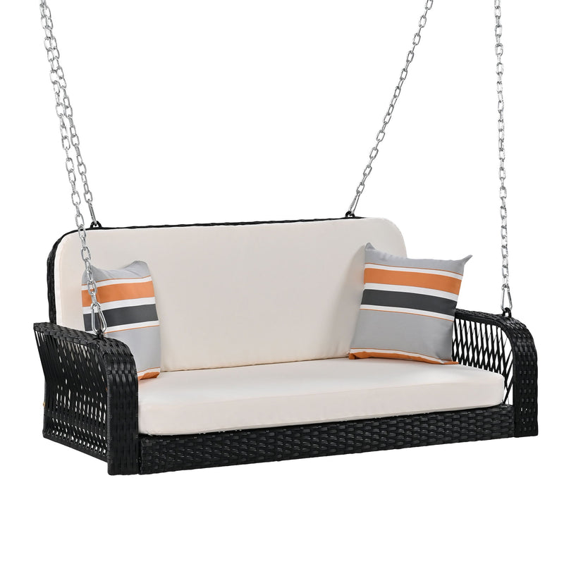 PE Wicker Porch Swing, 2 Seater Hanging Bench With Chains, Patio Furniture Swing For Backyard Garden Poolside