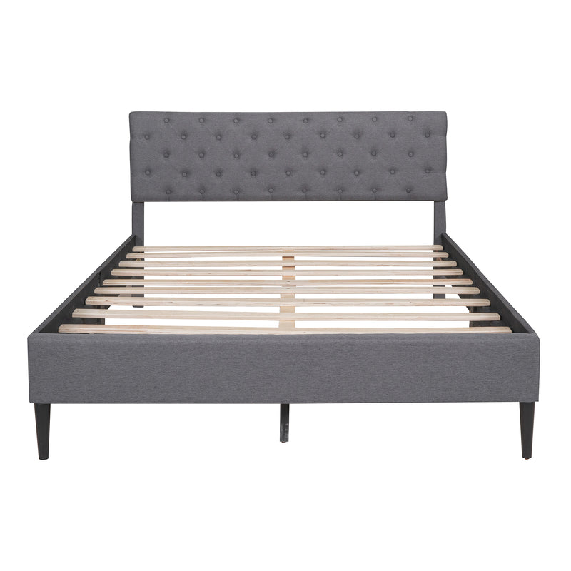 Upholstered Linen Platform Bed, Queen Size, Gray