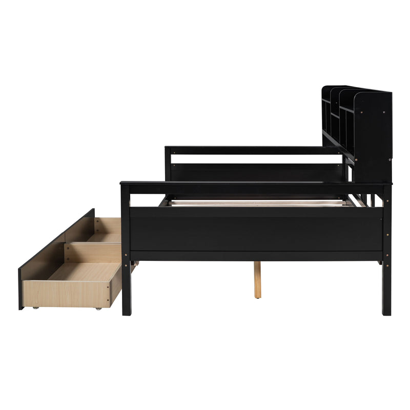 Daybed, Wood Slat Support, With Bedside Shelf And Two Drawers