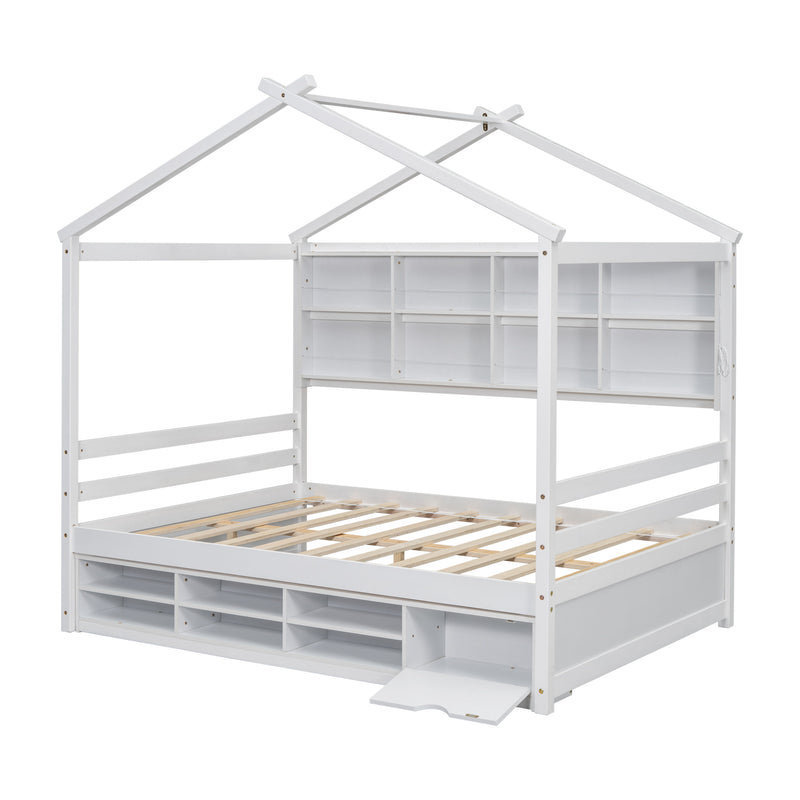 Full House Bed With Roof Frame, Bedside-Shelves, Under Bed Storage Unit - White