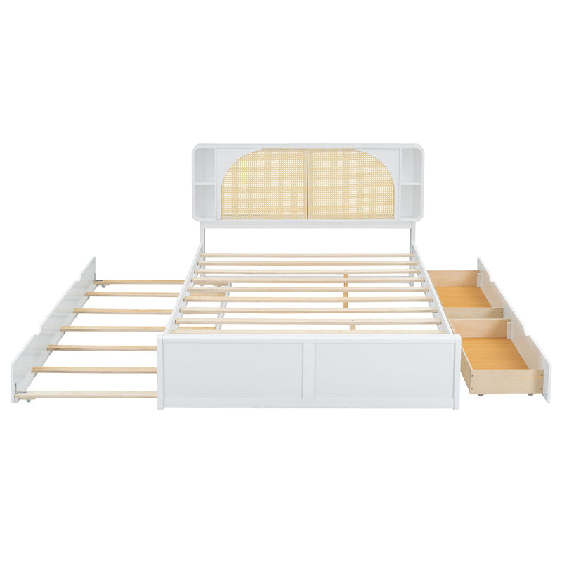 Queen Size Rattan Headboard Bed With Two Drawers And Trundle - White