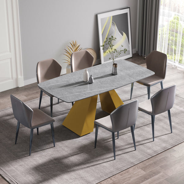 70.87" Modern Artificial Stone Gray Curved Golden Metal Leg Dining Table, Can Accommodate 6-8 People - Gray / Gold