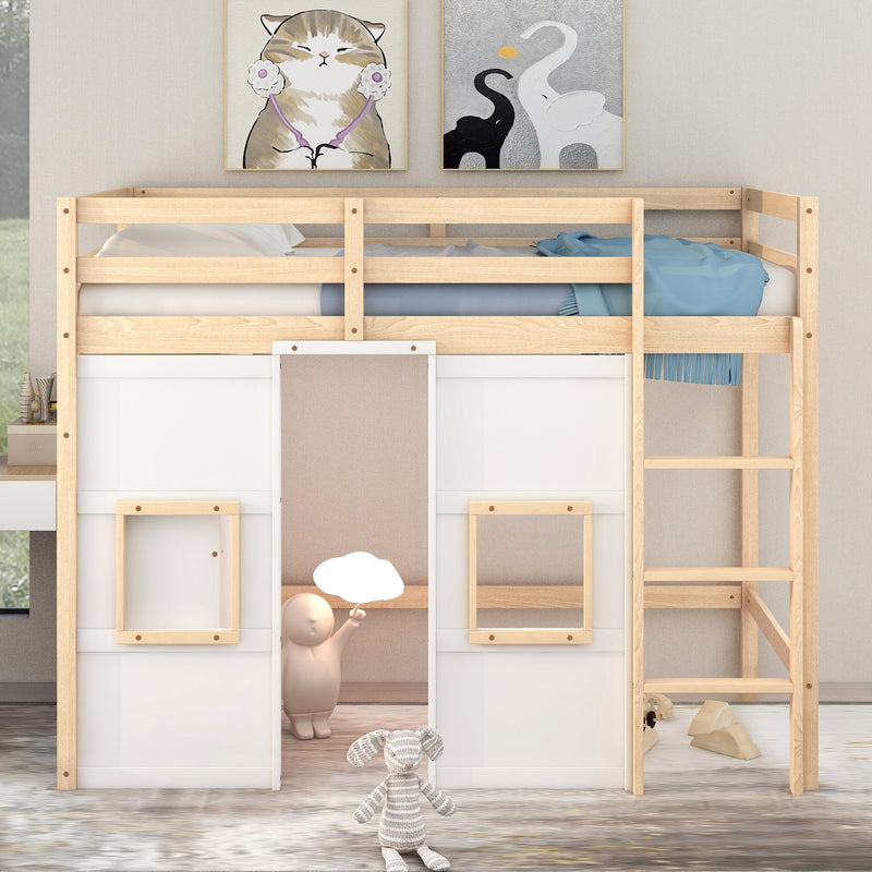 Wood Twin Size Loft Bed with Built-in Storage Wardrobe and 2 Windows, Natural/White