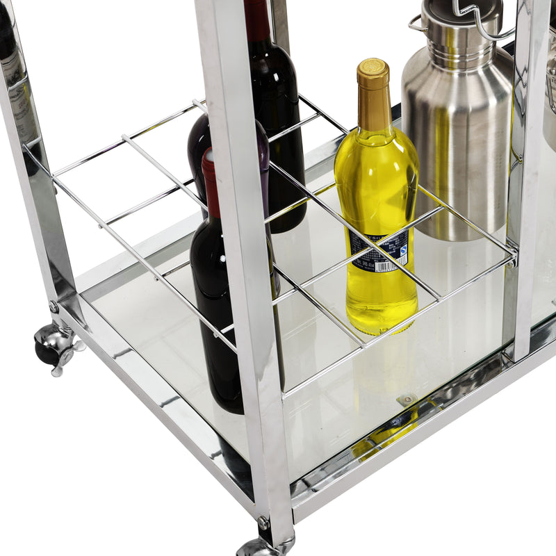 Contemporary Chrome Bar Serving Cart Tempered Glass Metal Frame Wine Storage (Silver) - Silver