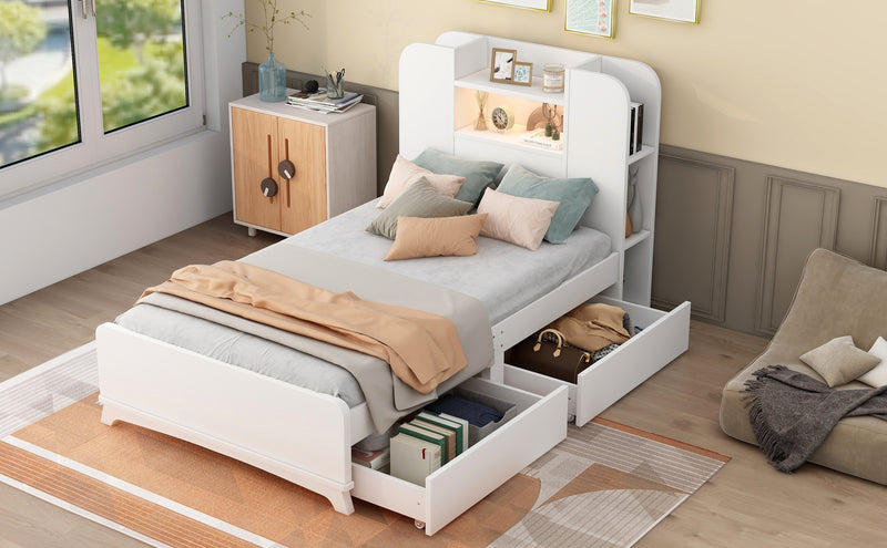 Twin Size Storage Platform Bed Frame with with Two Drawers and Light Strip Design in Headboard,White