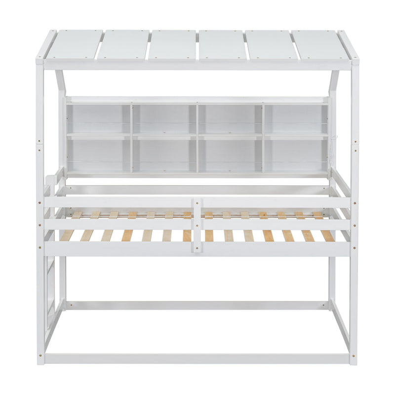 Twin House Loft Bed With Guardrails, Semi-Enclosed Roof, Bedside Shelves And Ladder - White